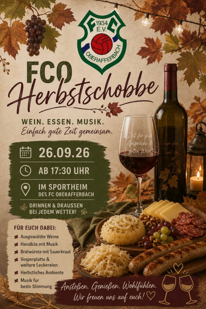 Plakat FCO Herbstschobbe am 26.09.2026 ab 17:30 Uhr im Sportheim des FC Oberafferbach